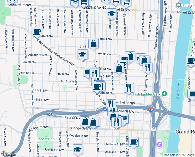 map of restaurants, bars, coffee shops, grocery stores, and more near 763 5th Street Northwest in Grand Rapids