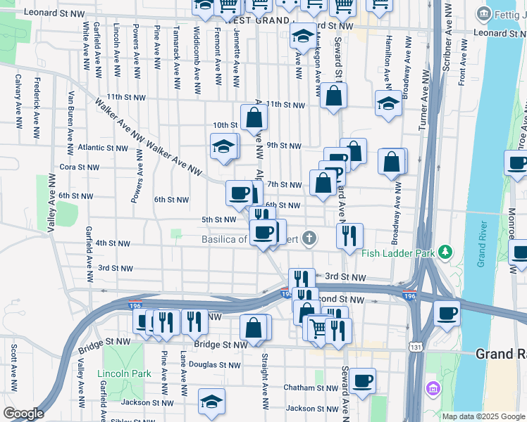 map of restaurants, bars, coffee shops, grocery stores, and more near 763 5th Street Northwest in Grand Rapids