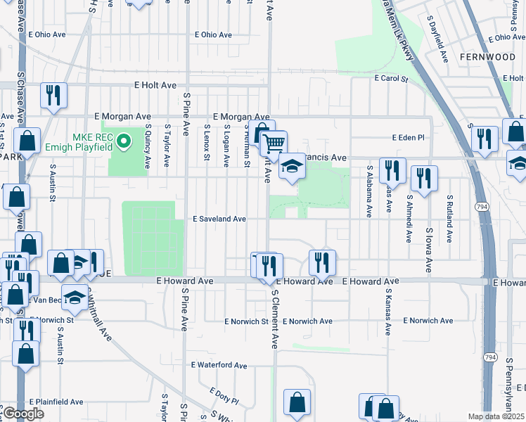 map of restaurants, bars, coffee shops, grocery stores, and more near 3730 South Herman Street in Milwaukee