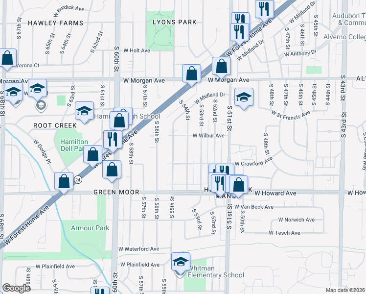 map of restaurants, bars, coffee shops, grocery stores, and more near 3748 South 55th Street in Milwaukee