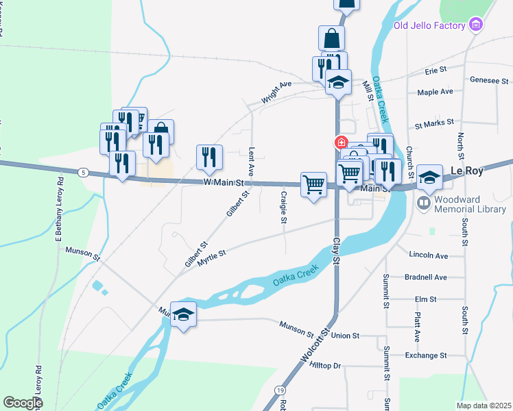 map of restaurants, bars, coffee shops, grocery stores, and more near 57 West Main Street in Le Roy
