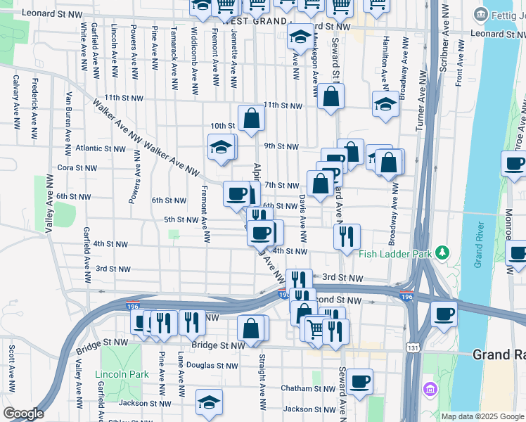 map of restaurants, bars, coffee shops, grocery stores, and more near 763 5th Street Northwest in Grand Rapids