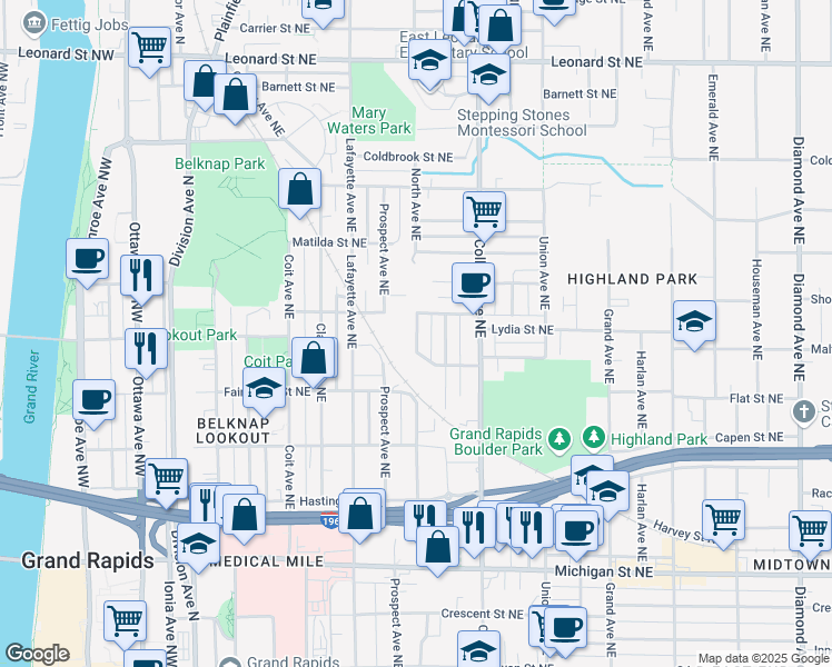 map of restaurants, bars, coffee shops, grocery stores, and more near 751 North Avenue Northeast in Grand Rapids