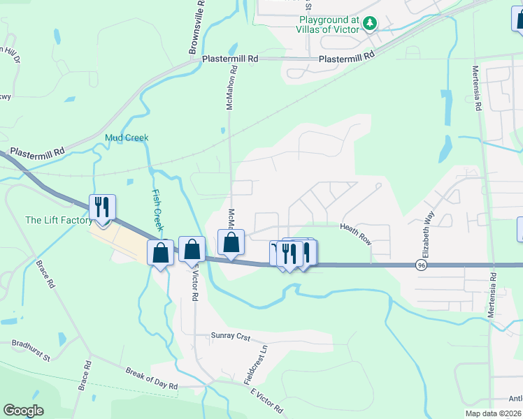 map of restaurants, bars, coffee shops, grocery stores, and more near 1174 The Grove in Victor