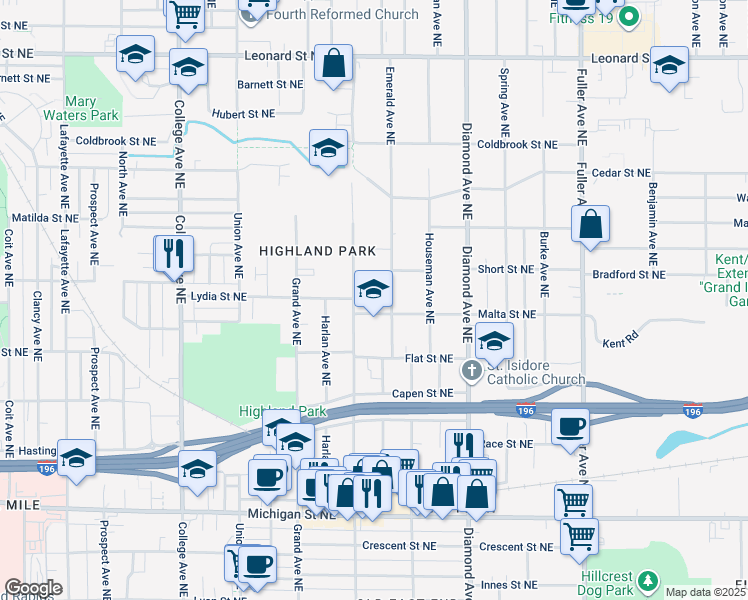 map of restaurants, bars, coffee shops, grocery stores, and more near 815 Malta Street Northeast in Grand Rapids