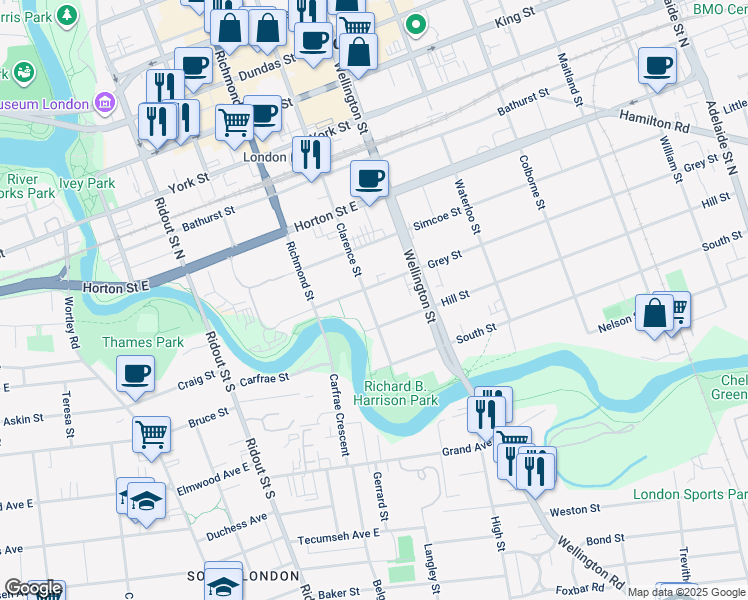 map of restaurants, bars, coffee shops, grocery stores, and more near 158 Clarence Street in London