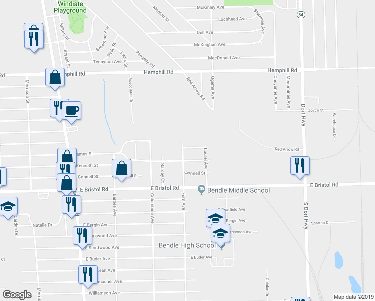 map of restaurants, bars, coffee shops, grocery stores, and more near 2266 Donovan Street in Burton