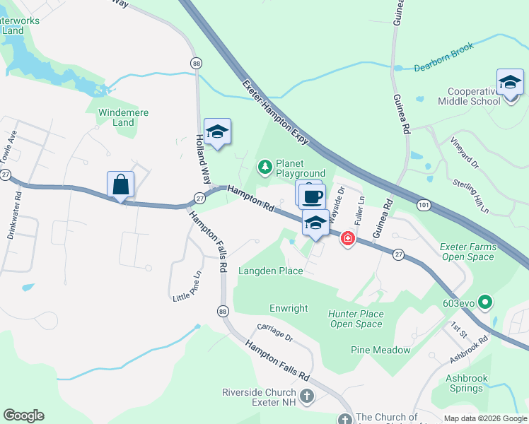 map of restaurants, bars, coffee shops, grocery stores, and more near 7A Hampton Road in Exeter