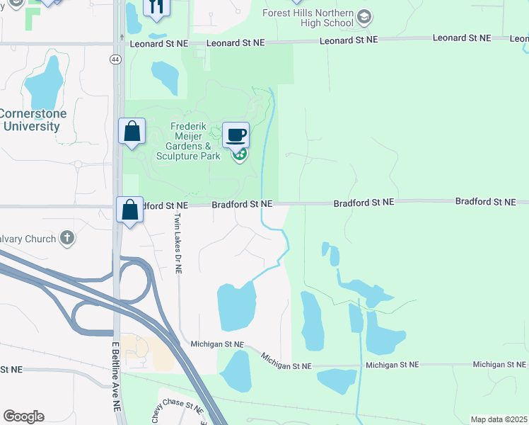 map of restaurants, bars, coffee shops, grocery stores, and more near 3540 Bradford Street Northeast in Grand Rapids