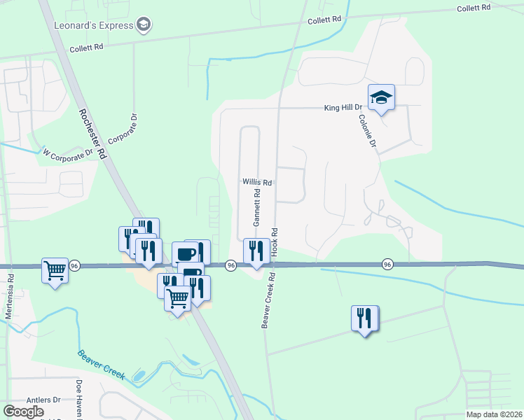 map of restaurants, bars, coffee shops, grocery stores, and more near 1212 Hook Road in Farmington