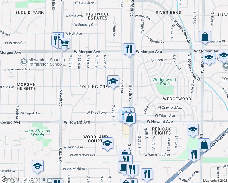 map of restaurants, bars, coffee shops, grocery stores, and more near 3727 South 78th Street in Milwaukee