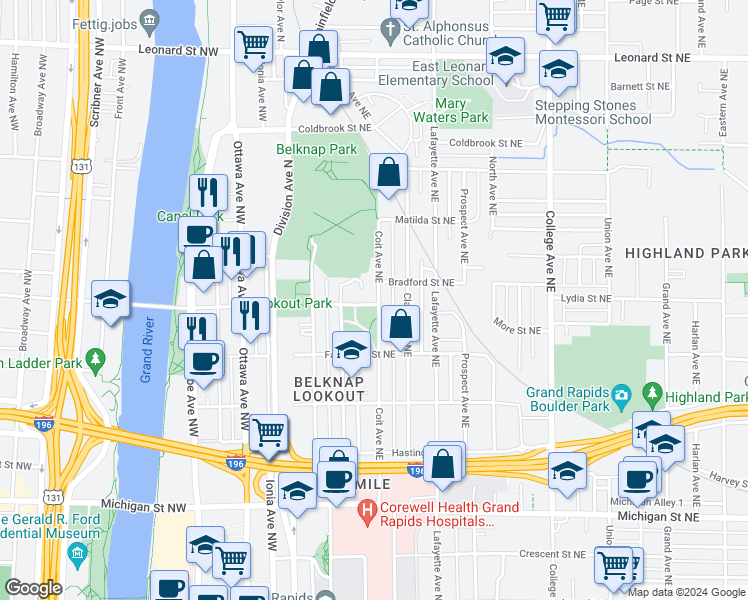map of restaurants, bars, coffee shops, grocery stores, and more near 759 Coit Avenue Northeast in Grand Rapids