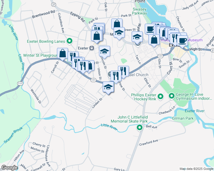 map of restaurants, bars, coffee shops, grocery stores, and more near 17 Linden Street in Exeter