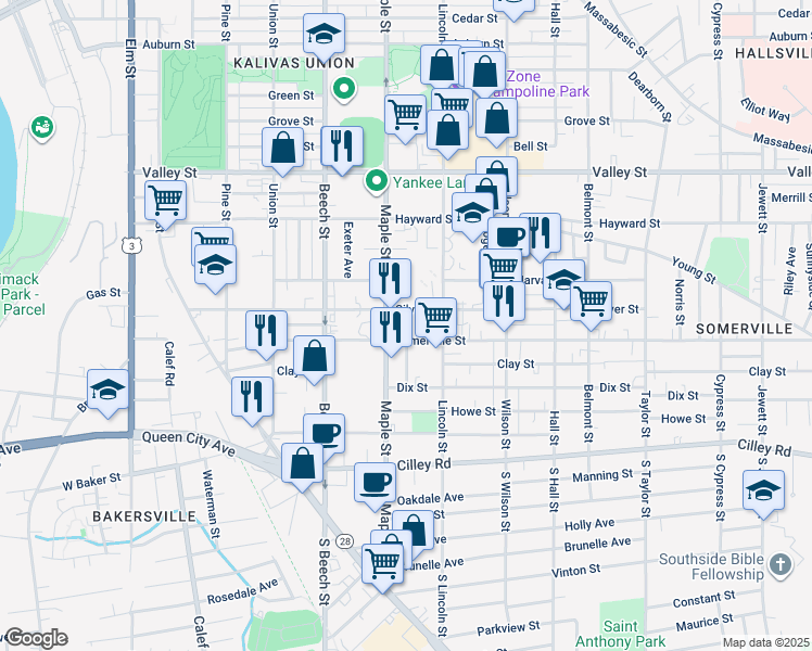 map of restaurants, bars, coffee shops, grocery stores, and more near 419 Somerville Street in Manchester