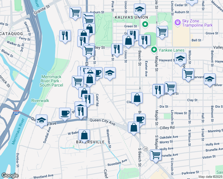 map of restaurants, bars, coffee shops, grocery stores, and more near 14 Pine Street in Manchester
