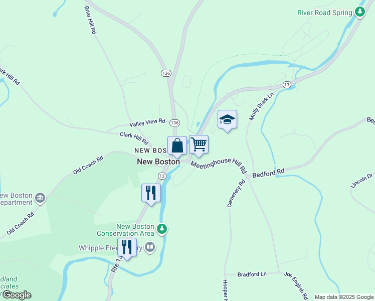 map of restaurants, bars, coffee shops, grocery stores, and more near 2-6 River Road in New Boston