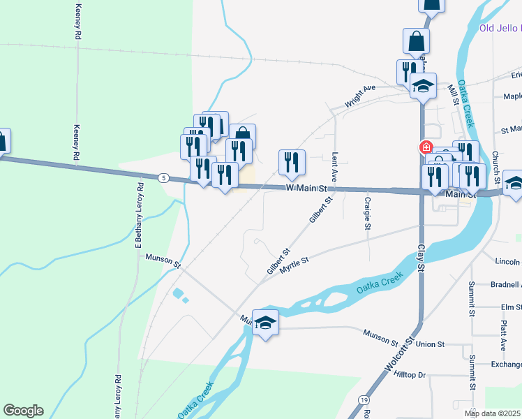 map of restaurants, bars, coffee shops, grocery stores, and more near 2 Tountas Avenue in Le Roy