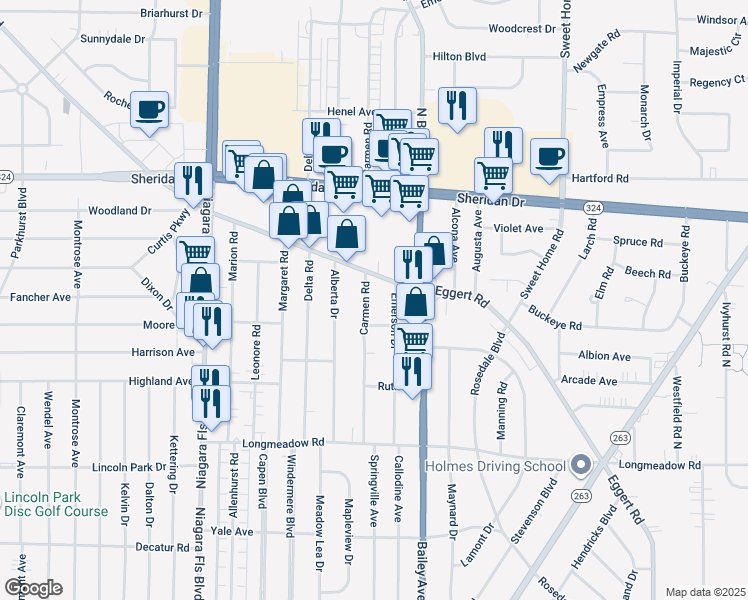 map of restaurants, bars, coffee shops, grocery stores, and more near 143 Carmen Road in Buffalo
