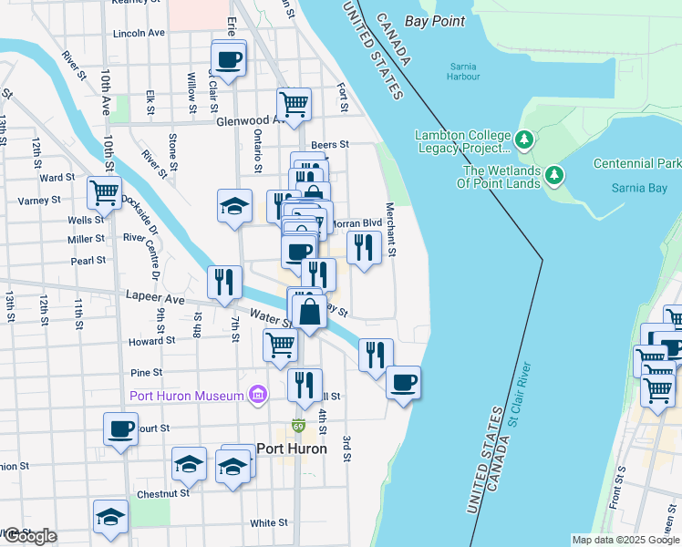 map of restaurants, bars, coffee shops, grocery stores, and more near 220 Fort Street in Port Huron