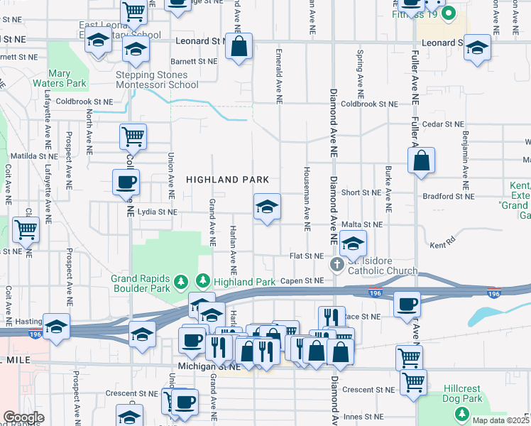map of restaurants, bars, coffee shops, grocery stores, and more near 830 Malta Street Northeast in Grand Rapids