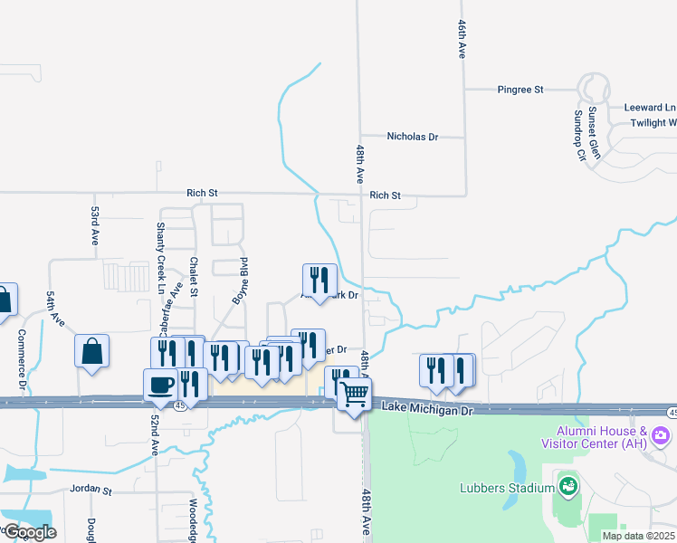 map of restaurants, bars, coffee shops, grocery stores, and more near 11413-11429 48th Avenue in Allendale Charter Township