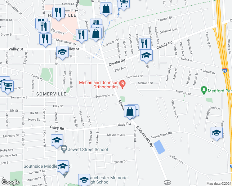 map of restaurants, bars, coffee shops, grocery stores, and more near 99 Mammoth Rd in Manchester