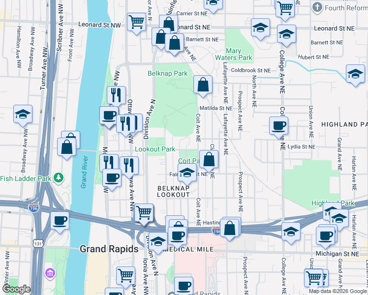 map of restaurants, bars, coffee shops, grocery stores, and more near 727 Coit Avenue Northeast in Grand Rapids