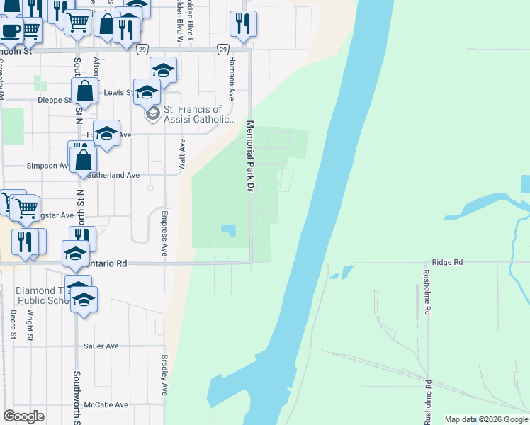 map of restaurants, bars, coffee shops, grocery stores, and more near 37 Memorial Park Drive in Welland