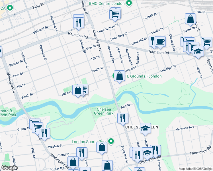 map of restaurants, bars, coffee shops, grocery stores, and more near 41 Adelaide Street North in London