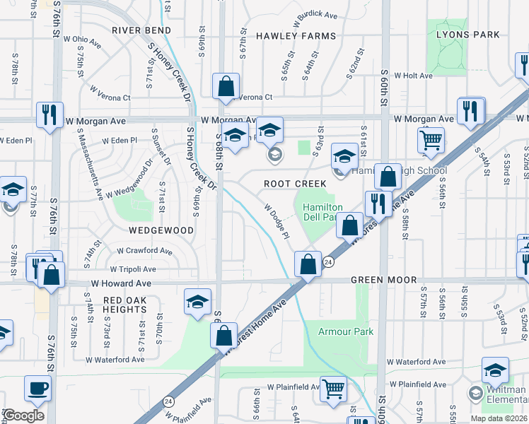 map of restaurants, bars, coffee shops, grocery stores, and more near 6529 West Dodge Place in Milwaukee