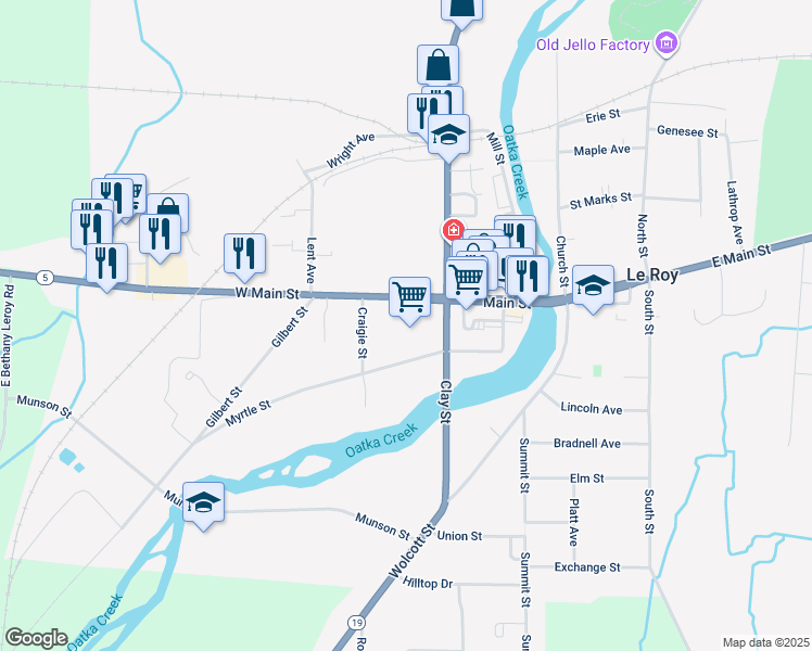 map of restaurants, bars, coffee shops, grocery stores, and more near 15 West Main Street in Le Roy