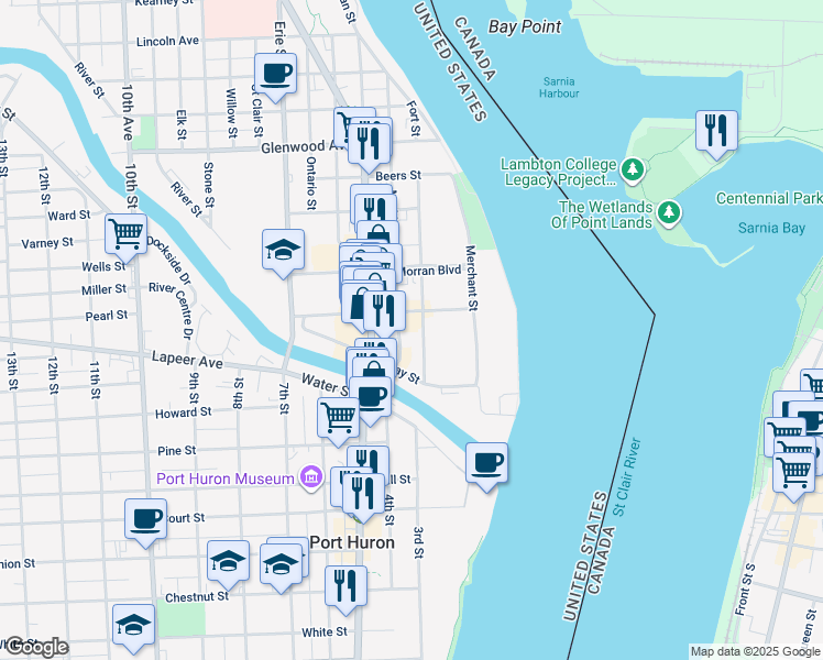 map of restaurants, bars, coffee shops, grocery stores, and more near 220 Fort Street in Port Huron