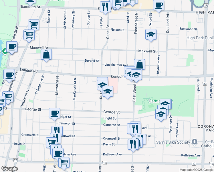 map of restaurants, bars, coffee shops, grocery stores, and more near 89 Norman Street in Sarnia