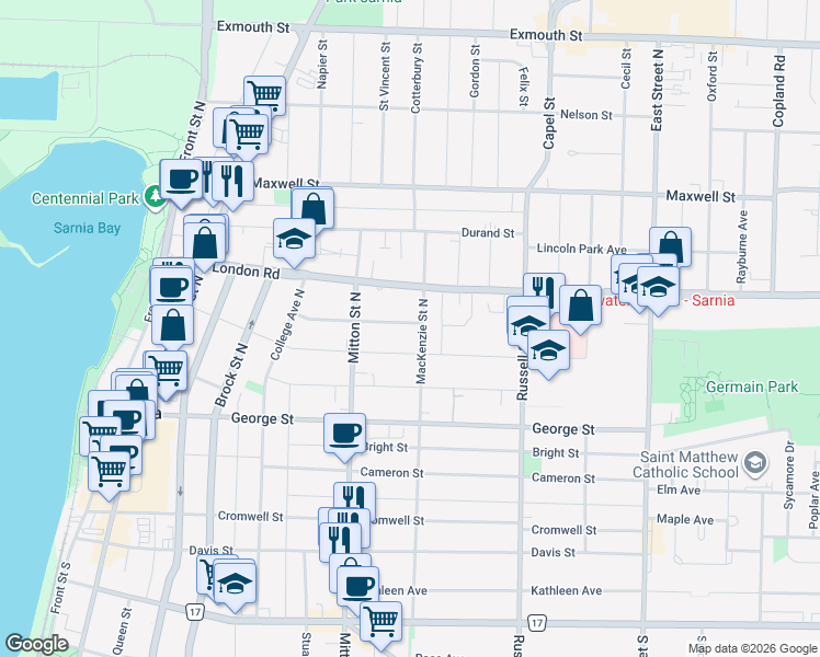 map of restaurants, bars, coffee shops, grocery stores, and more near 195 Penrose Street in Sarnia