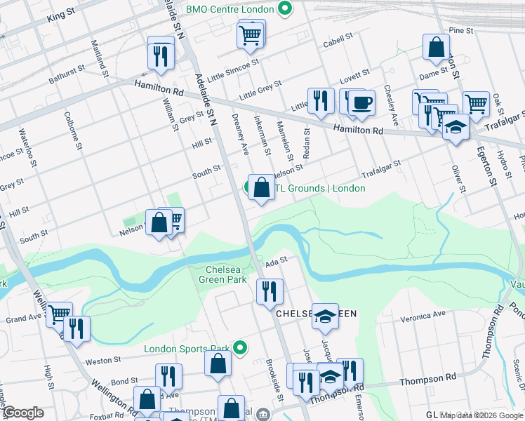 map of restaurants, bars, coffee shops, grocery stores, and more near 30 Adelaide Street North in London