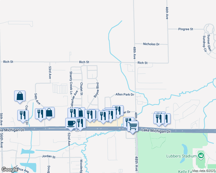 map of restaurants, bars, coffee shops, grocery stores, and more near 4923 Allen Park Drive in Allendale Charter Township