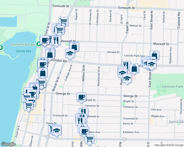 map of restaurants, bars, coffee shops, grocery stores, and more near 179 Penrose Street in Sarnia