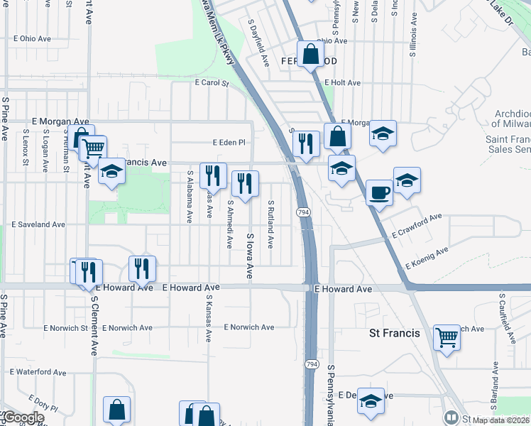 map of restaurants, bars, coffee shops, grocery stores, and more near 3713 South Rutland Avenue in Saint Francis