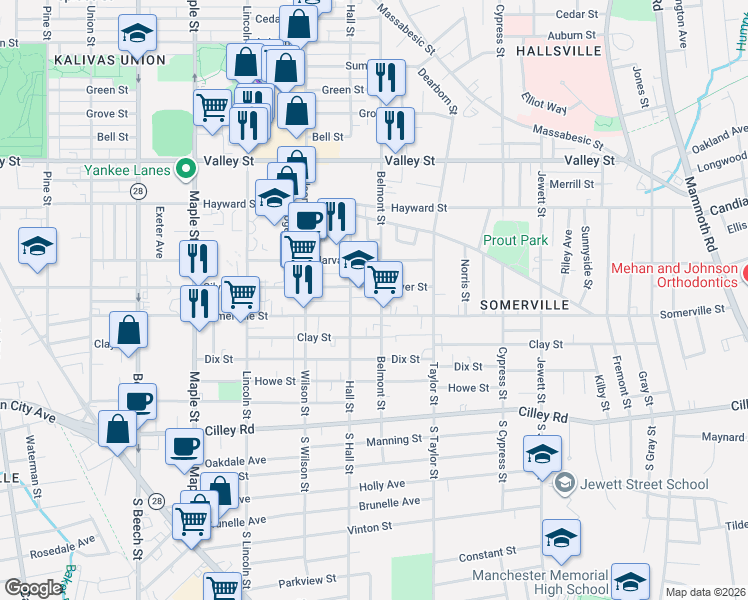map of restaurants, bars, coffee shops, grocery stores, and more near 148 Belmont Street in Manchester