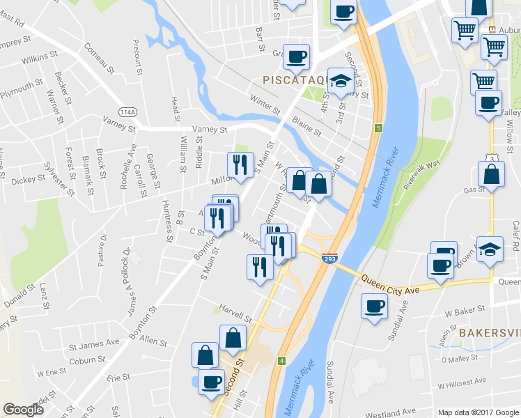 map of restaurants, bars, coffee shops, grocery stores, and more near 220 Frederick Street in Manchester