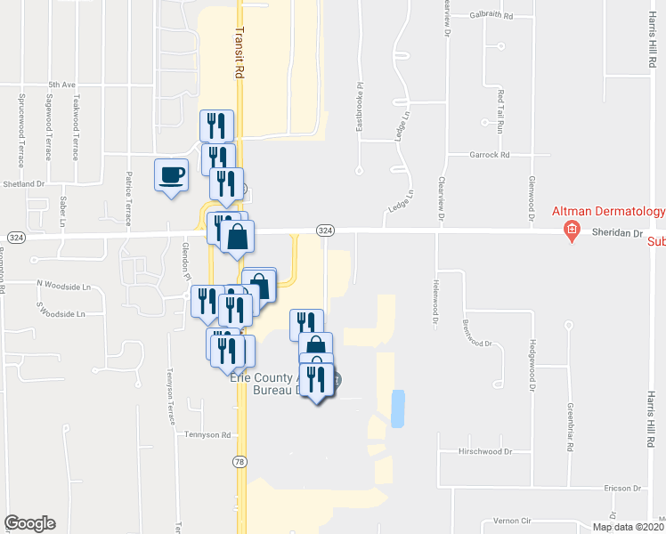map of restaurants, bars, coffee shops, grocery stores, and more near 8099 Sheridan Drive in Buffalo
