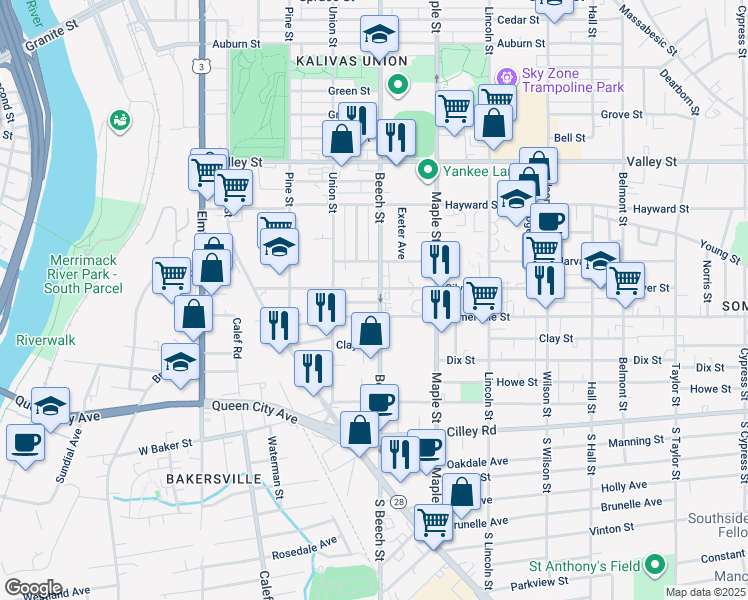 map of restaurants, bars, coffee shops, grocery stores, and more near 292 Somerville Street in Manchester