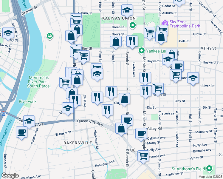 map of restaurants, bars, coffee shops, grocery stores, and more near 230 Somerville Street in Manchester