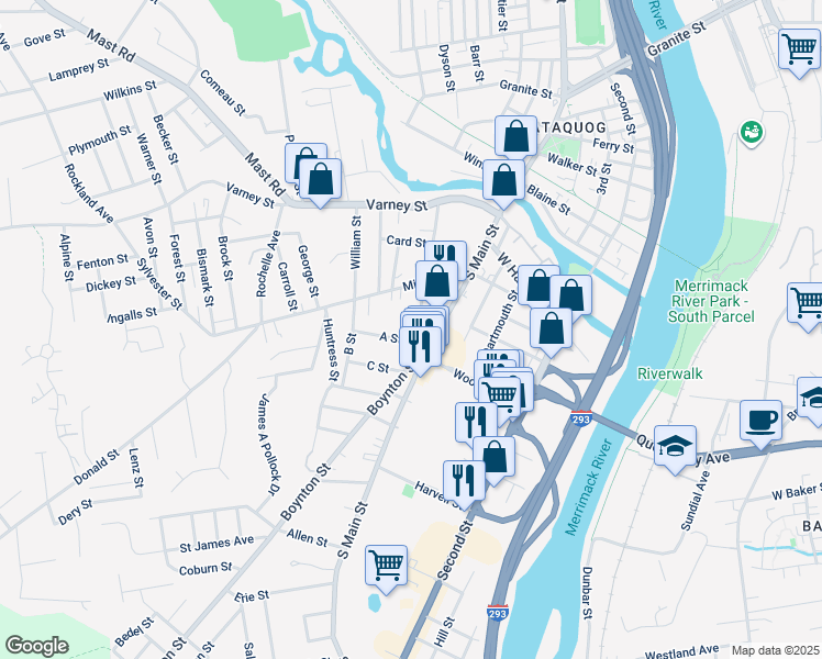 map of restaurants, bars, coffee shops, grocery stores, and more near 5 Boynton Street in Manchester