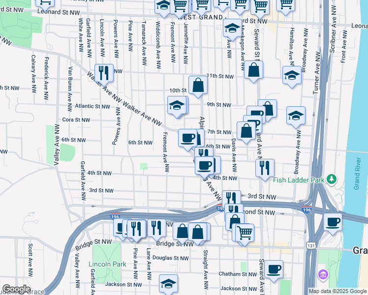 map of restaurants, bars, coffee shops, grocery stores, and more near 713 Stocking Avenue Northwest in Grand Rapids