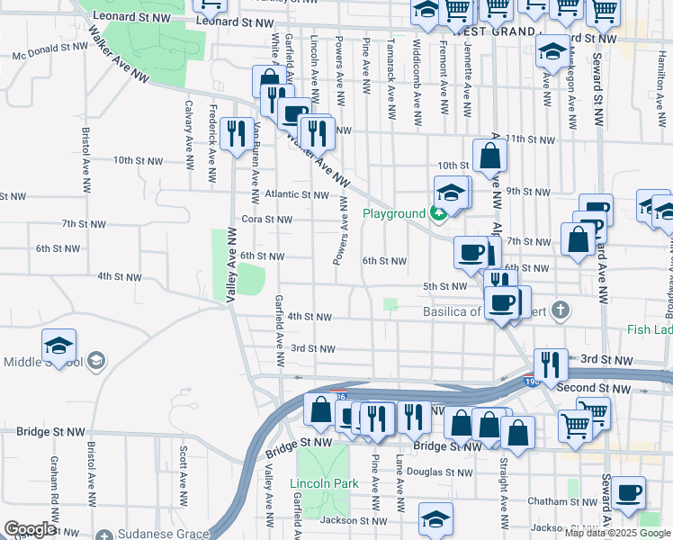 map of restaurants, bars, coffee shops, grocery stores, and more near 1100 5th Street Northwest in Grand Rapids