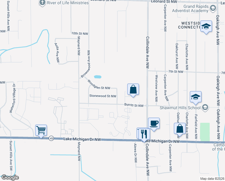 map of restaurants, bars, coffee shops, grocery stores, and more near 2901 Stonewood Street Northwest in Grand Rapids