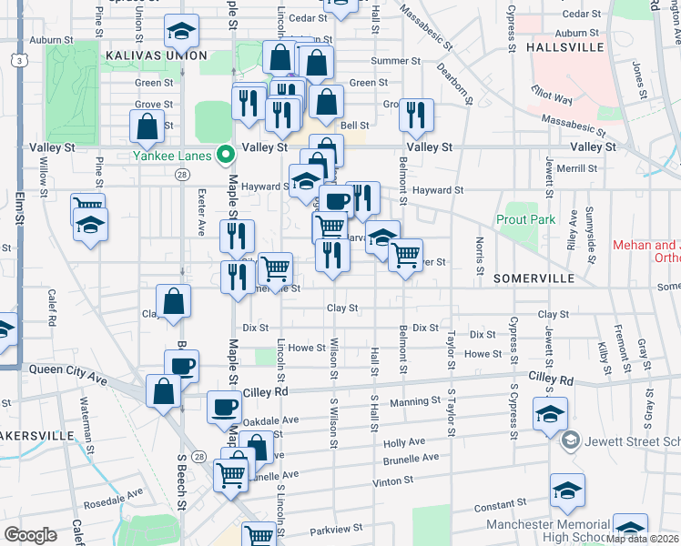 map of restaurants, bars, coffee shops, grocery stores, and more near 153 Wilson Street in Manchester