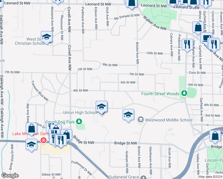 map of restaurants, bars, coffee shops, grocery stores, and more near 1731 4th Street Northwest in Grand Rapids
