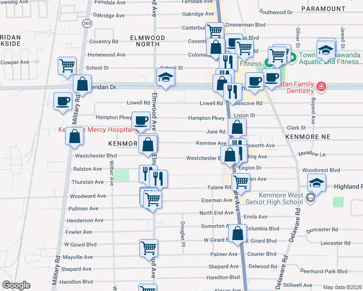 map of restaurants, bars, coffee shops, grocery stores, and more near 112 Kenview Avenue in Buffalo